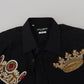 Elegant Black Slim Fit Dress Shirt with Crown Embroidery