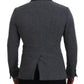 Elegant Gray Wool Blazer with Blue Rose Embroidery