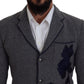 Elegant Gray Wool Blazer with Blue Rose Embroidery