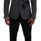 Elegant Gray Wool Blazer with Blue Rose Embroidery