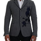 Elegant Gray Wool Blazer with Blue Rose Embroidery