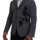 Elegant Gray Wool Blazer with Blue Rose Embroidery