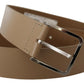 Beige Leather Statement Belt with Silver Buckle