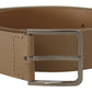 Beige Leather Statement Belt with Silver Buckle