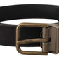 Elegant Black Leather Belt with Vintage Metal Buckle