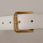 Chic White Leather Belt with Gold Engraved Buckle