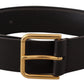 Elegant Black Leather Belt with Gold-Tone Buckle