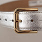 Elegant Silver Leather Belt with Engraved Buckle