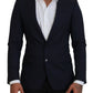 Elegant Blue Wool Silk Blazer Jacket