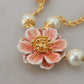 Gold Tone Floral Crystals Pink Embellished Necklace
