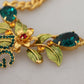 Gold Brass Crystal Logo Fruit Floral Statement Necklace