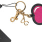 Elegant Black Leather Keychain with Fuchsia Accent