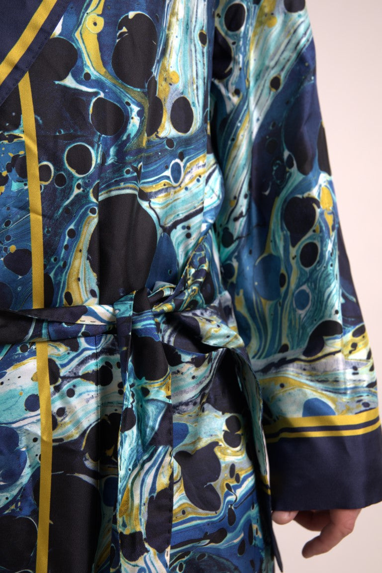 Marble Blue Silk Long Robe Luxury Sleepwear