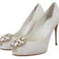 Crystal-Embellished White Peep Toe Heels