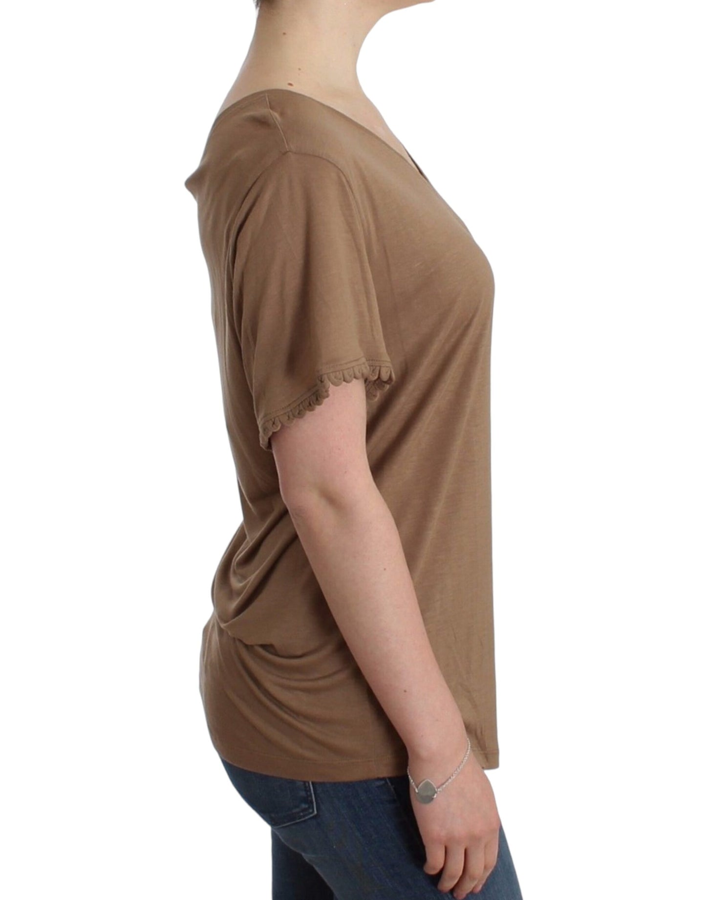 Elegant Short-Sleeved Brown Rayon Top