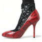 Red Almond Toe Snakeskin Pumps with Lace Socks