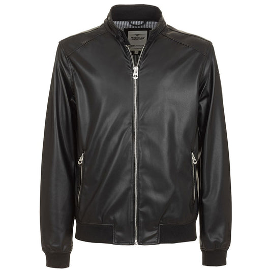 Eco-Leather Zip-Up Jacket with Buttoned Collar