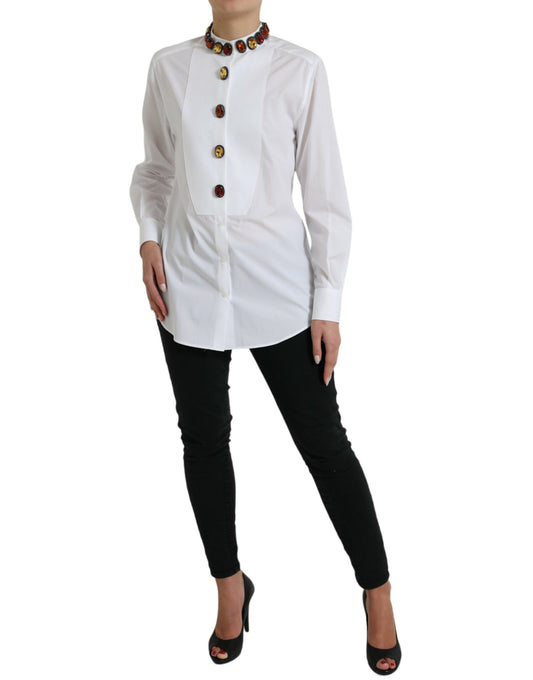 Elegant Crystal-Embellished White Cotton Top