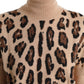 Elegant Beige Leopard Turtleneck Wool Top