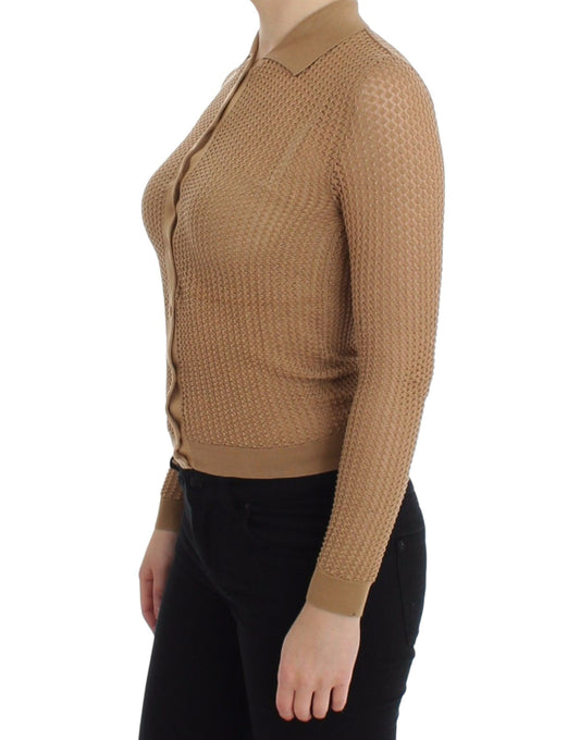 Beige Knitted Cotton Polo Cardigan Sweater