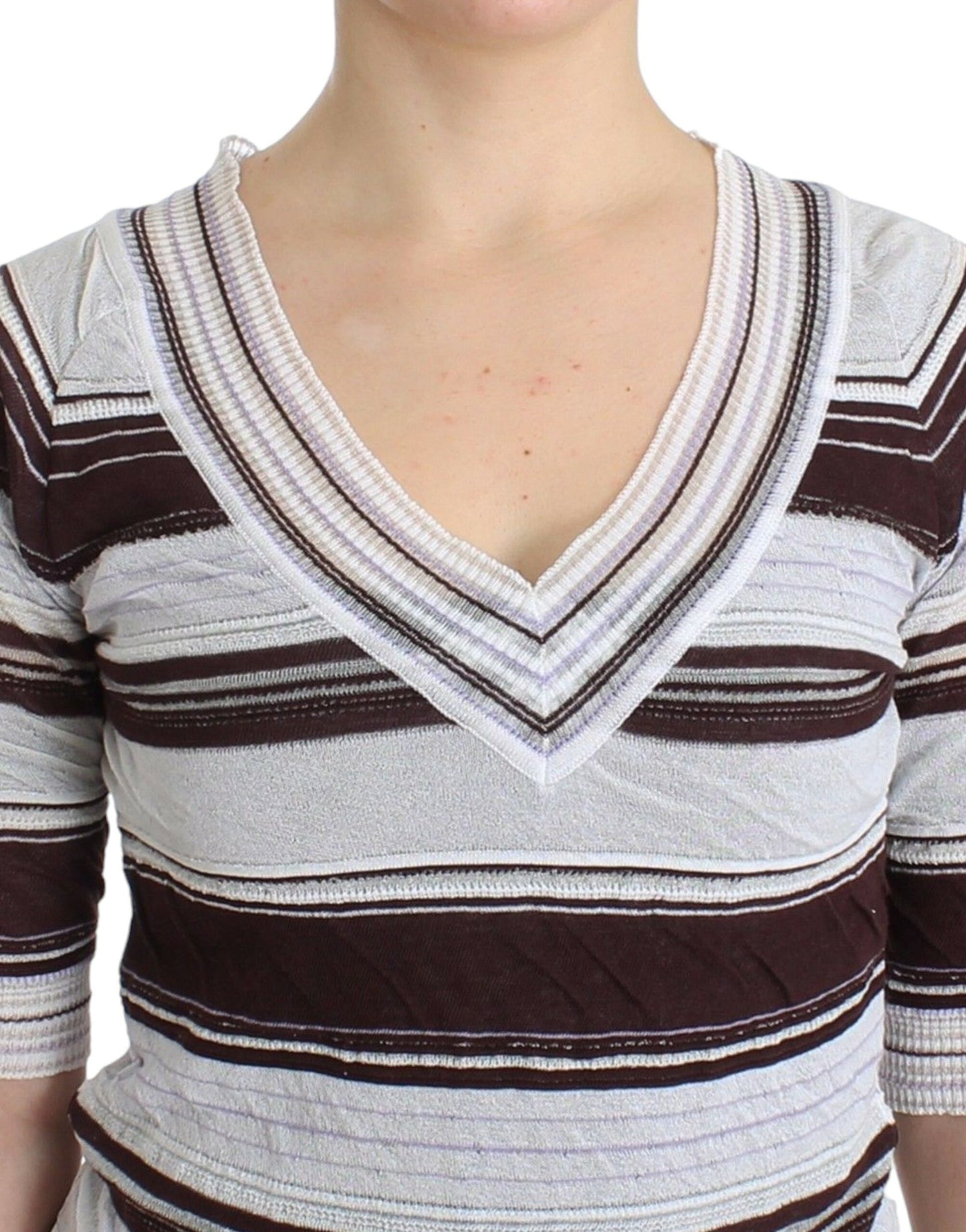 Striped V-Neck Knit Top with Lace Hem