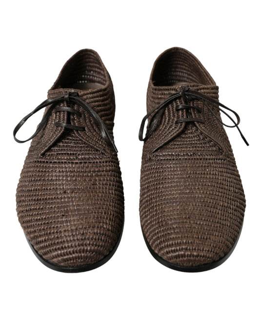 Elegant Raffia Upper Derby Shoes - Lace Up in Brown