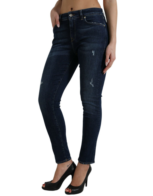 Elegant Dark Blue Mid Waist Stretch Jeans