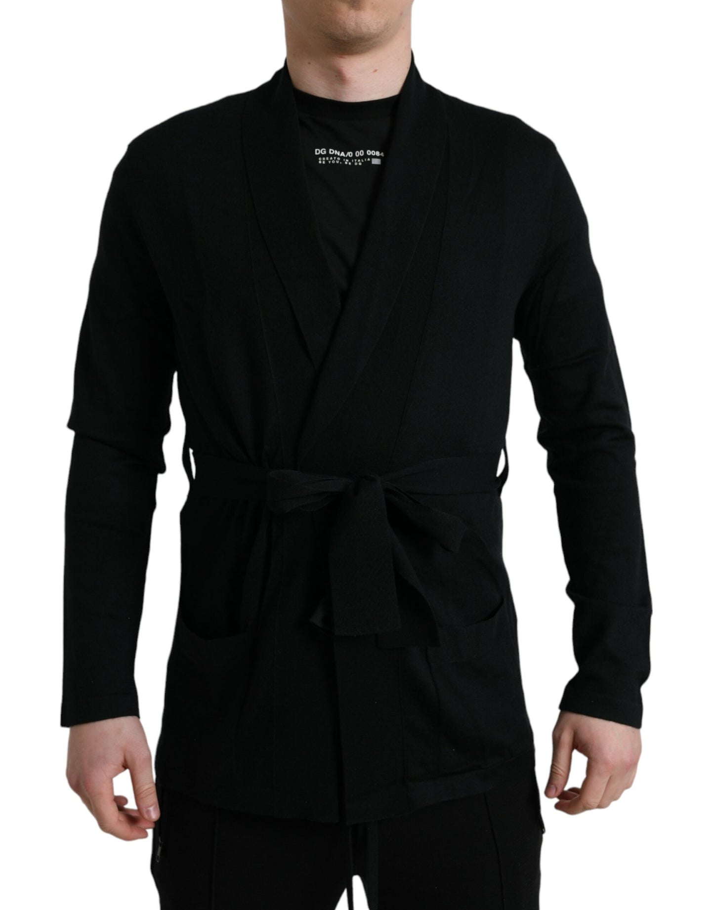 Elegant Black Cashmere Robe with Waist Belt