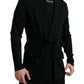 Elegant Black Cashmere Robe with Waist Belt