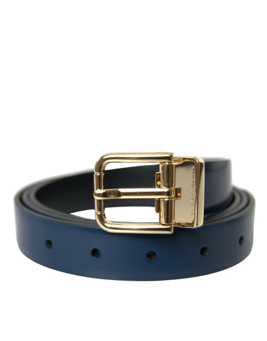 Elegant Blue Leather Belt with Metal Buckle