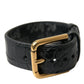 Black Textured Leather Gold Tone Metal Buckle Armband