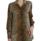 Elegant Brown Animal Print Silk Blouse