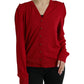 Elegant Red V-Neck Wool Cardigan