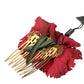 Red Silk Floral Gold Brass Women Hair Comb