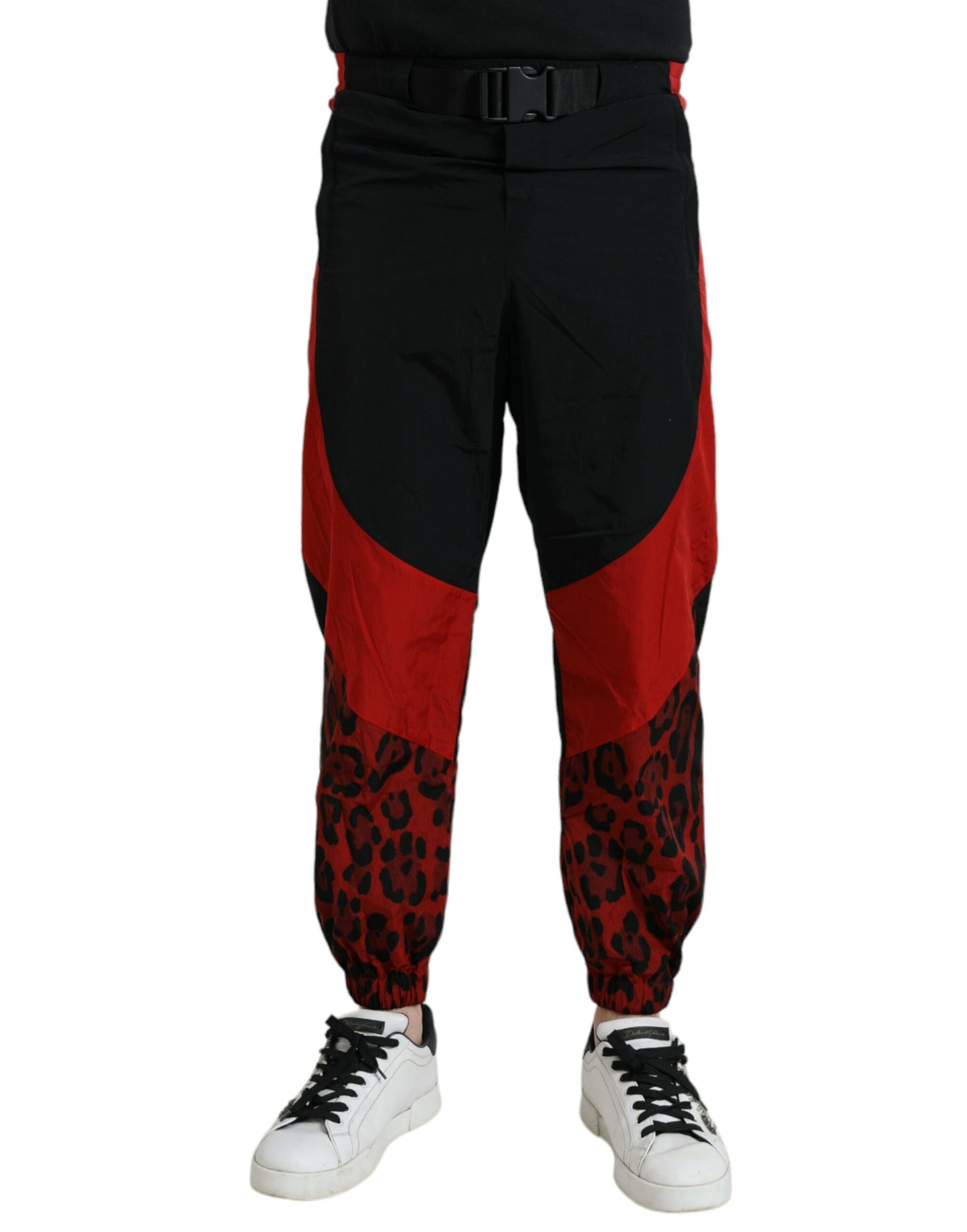 Black Red Leopard Print Nylon Jogger Pants