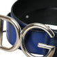 Blue Leather Silver Metal Logo Buckle Belt Men