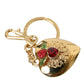 Metallic Gold Brass Heart Floral Pendant Keychain Keyring