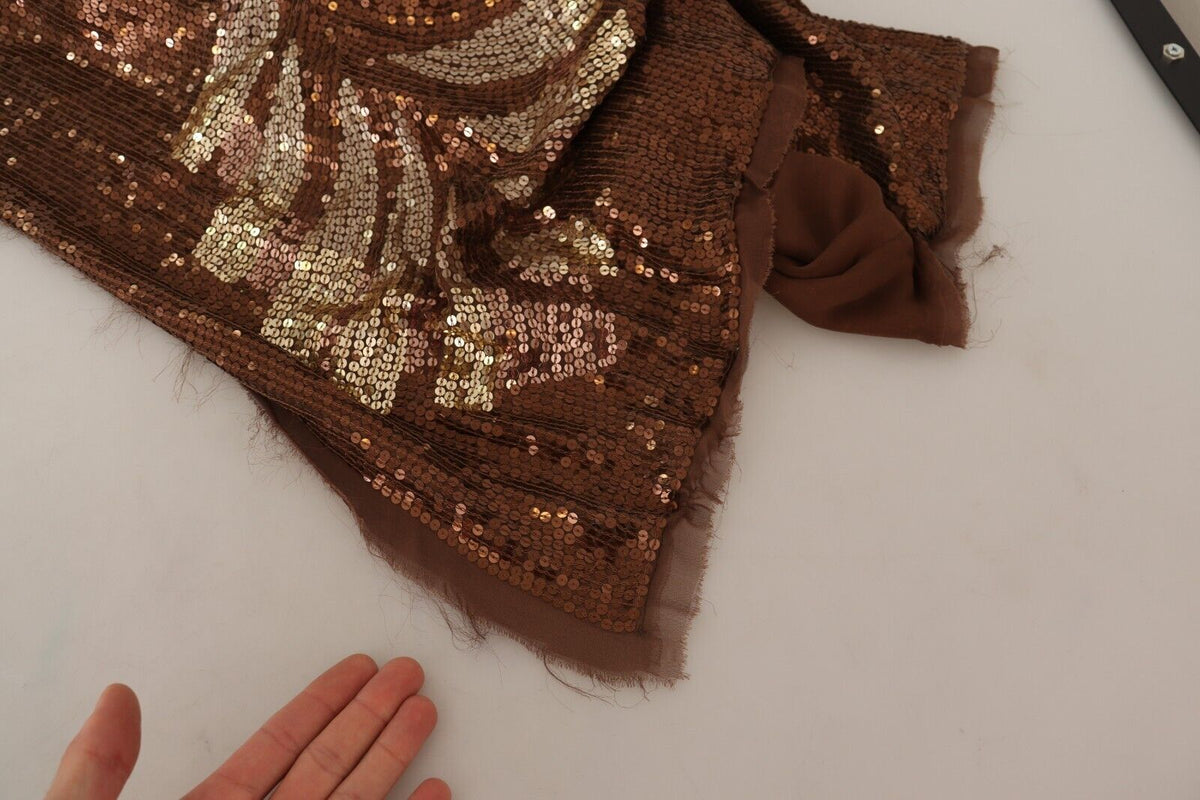 Brown Leaf Sequined Shift One Shoulder Long Dress