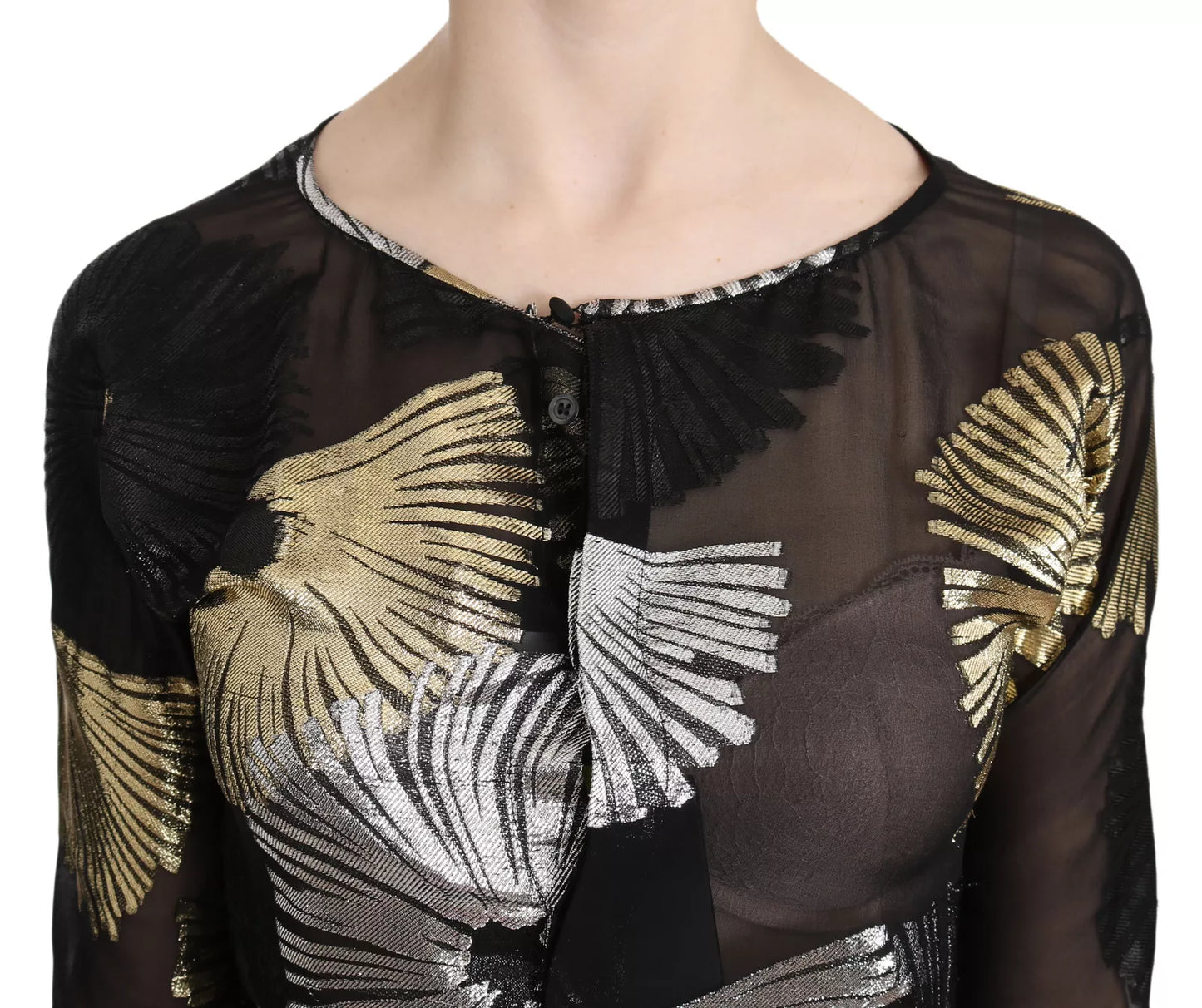 Gold Silver Silk Jacquard See Through Top Blouse