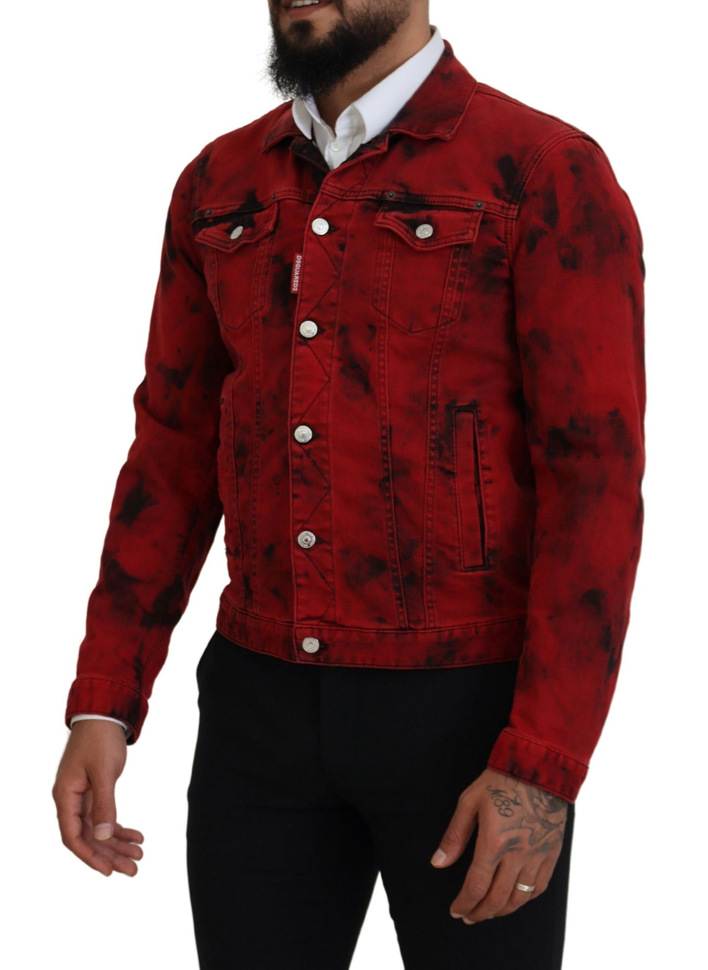 Red Black Tie Dye Collared Men Denim Jacket