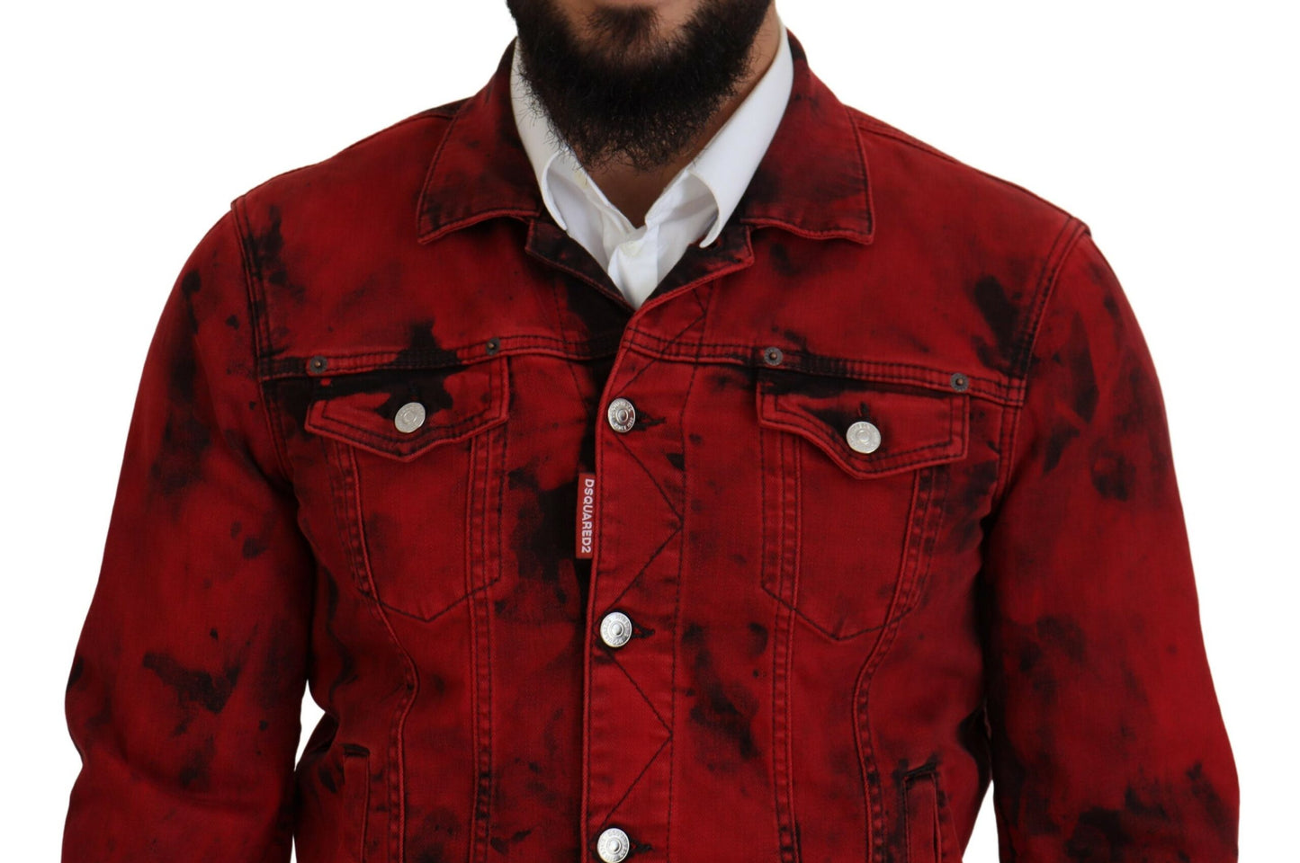 Red Black Tie Dye Collared Men Denim Jacket