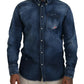 Blue Washed Collared Men Casual Long Sleeves Shirt