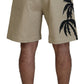 Beige Cotton Logo Printed Above Knee Shorts