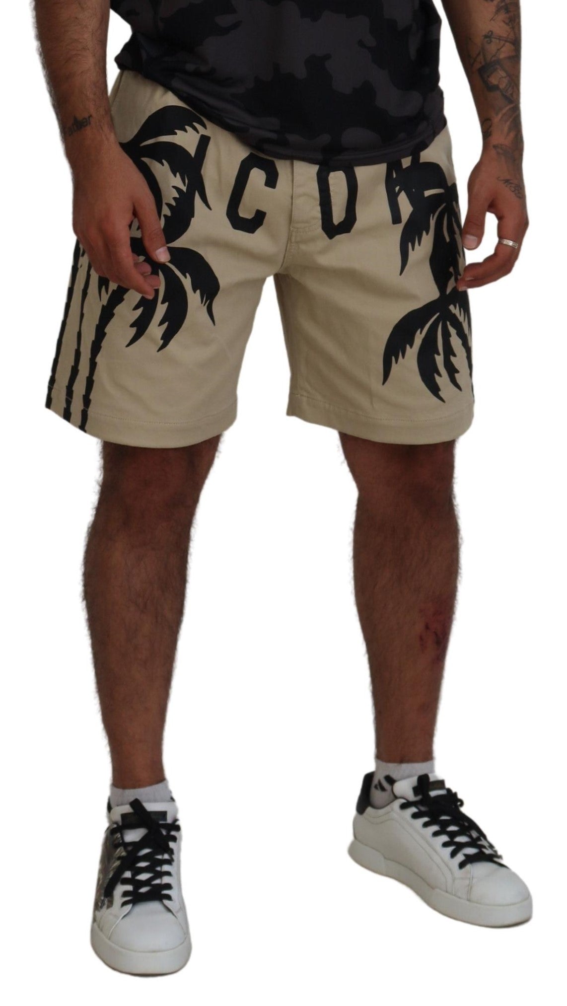 Beige Cotton Logo Printed Above Knee Shorts