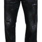 Black Crystal Embellished Tattered Denim Jeans