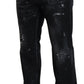 Black Crystal Embellished Tattered Denim Jeans