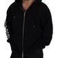 Black Hooded Full Zip Printed Sleeves Sweater