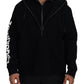 Black Hooded Printed Sleeves Double Zip Sweater