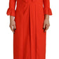 Red Polyester Long Sleeves Pleated Midi Dress