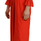 Red Polyester Long Sleeves Pleated Midi Dress